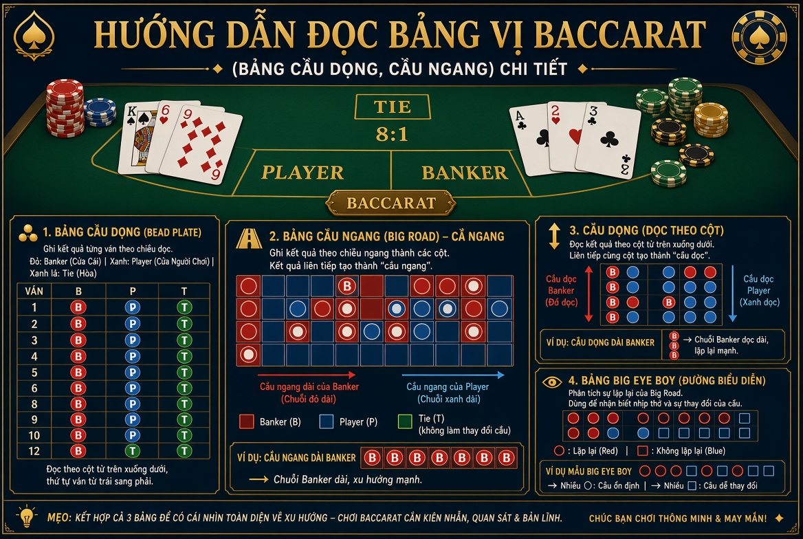 Hướng dẫn đọc bảng vị Baccarat (bảng cầu dọc, cầu ngang) chi tiết