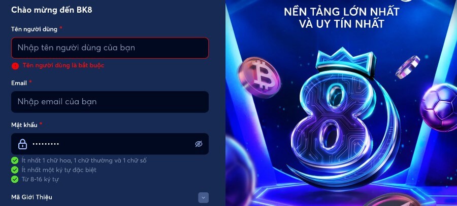 Đăng ký tài khoản BK8 dễ dàng